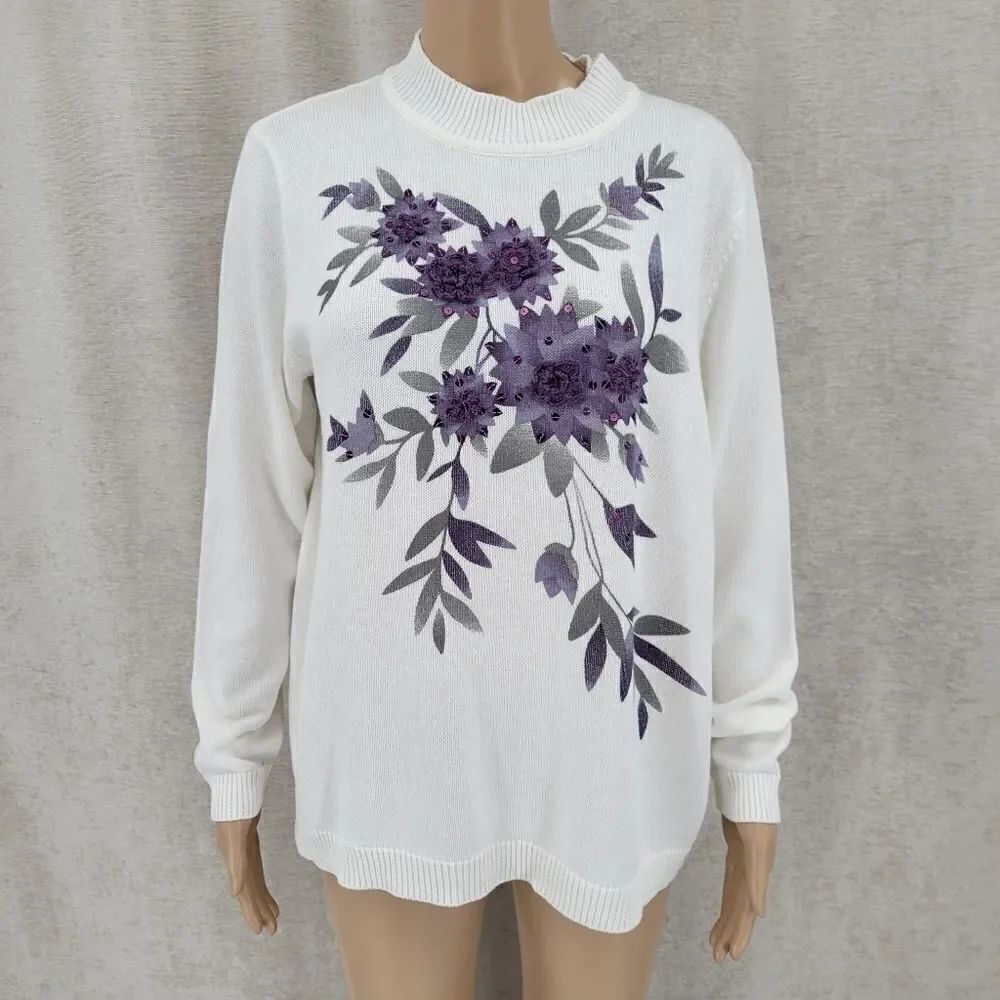 Serengeti Women's Medium Knit Sweater White with Crochet Purple Florals